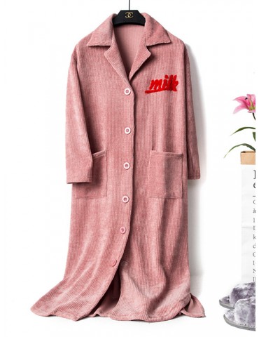 Plus Size Long Pink Robe Thickened Embroidery Front Button Winter Autumn Pajamas