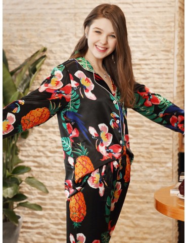 Casual Pajamas Tropical Print Silk Long Sleepwear Suits