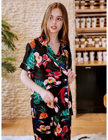 Home Pajamas Silk Floral Button short Sleeves Sleepwear Suits