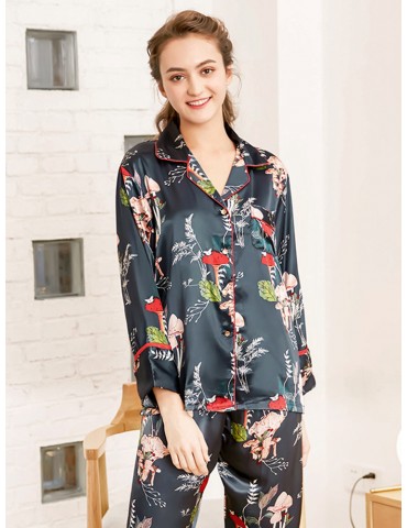 Silk Long Sleepwear Suits Plant Print Button Loose Pajamas
