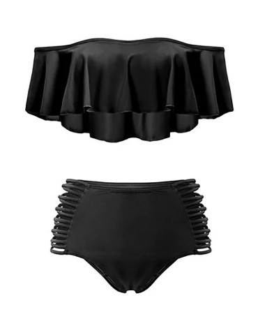 Solid Color Large Lotus Leaf Shoulder Wireless Tankini Swimwear For Women