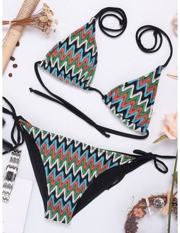 Plus Size Sexy Printed Crochet Backless String Triangle Bikini Swimwear For Women