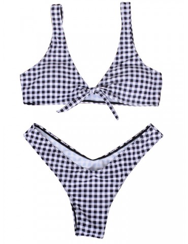 Lacing Bow Plaid Deep V String Bikini Sets Swimwear For Women
