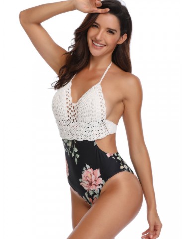Sexy Swimwear Knitting Halter Patchwork Floral Backless One Piece For Women