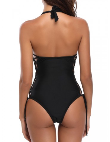 String Halter Hollow Gathered One Piece Swimsuit For Women