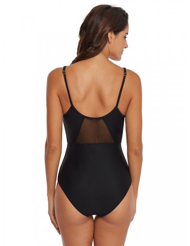 Ruffled Slimming One Piece Mesh Backless Black Women Swimwear By Newchic