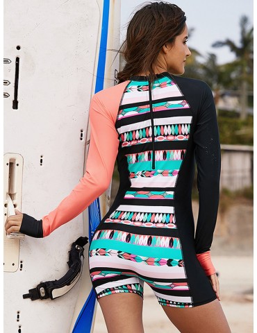 Long Sleeve Geometric Print Shorts Surfing One Piece Swimsuit