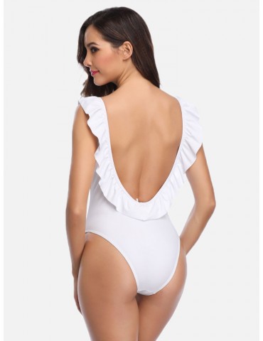 Flounce Slim Stripe High Fork Backless Sexy One Piece Swimsuits For Women
