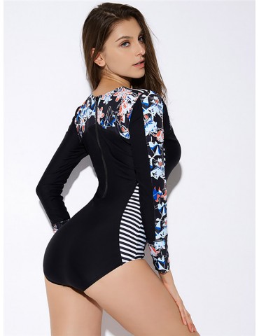 Zip Back Floral Print Sunscreen Long Sleeve One Piece Swimsuit