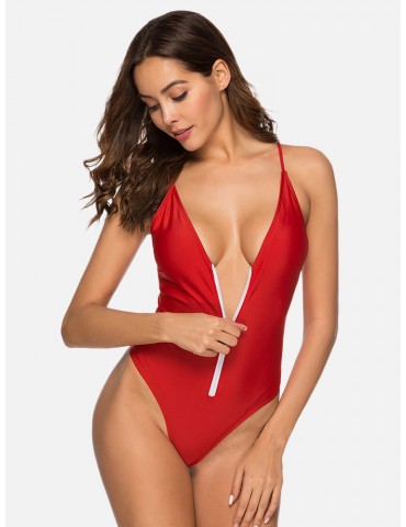 Zip Front Red Swimsuits Plunge Cut Out High Fork One Piece For Women