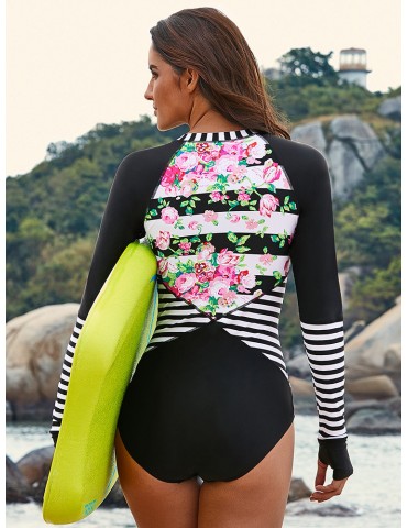 Zip Front Floral Print Long Sleeve Surfing One Piece Wetsuit