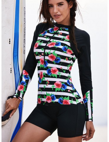 Floral Zip Front Striped Long Sleeves Surfing One Piece  Sunscreen Swimsuits For Women