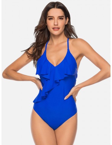 Print Slimming Shape One Piece Flounce Criss Cross Back Women Swimwear