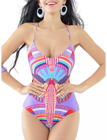 Sexy Printed Cross-criss Back Low Neckline Monokini One Piece Swimwear