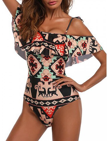Retro Printed One Shoulder Lotus Leaf Sleeve One Piece Swimsuit For Women