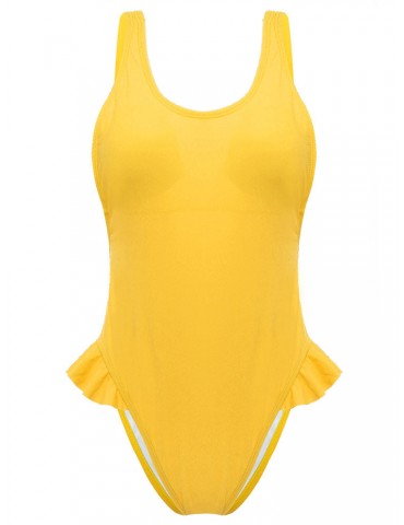 Sexy Women High Fork Flounce Scoop Back Solid Color Monokini Vest Swimsuits