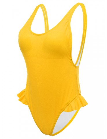 Sexy Women High Fork Flounce Scoop Back Solid Color Monokini Vest Swimsuits