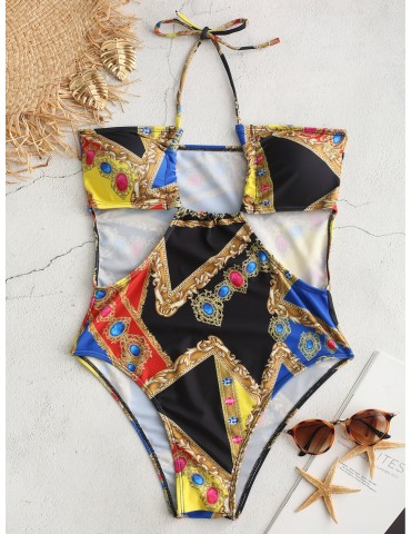 Print Sexy Slimming One Piece Halter Cut Out Women Swimwear By Newchic