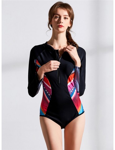 Long Sleeve Patchwork Zip Front Stretchy One Piece Swimsuit