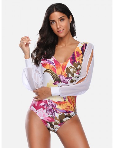 Sexy Slimming Swimwear Tropical Floral V Neck Long Sleeves Backless One Piece For Women