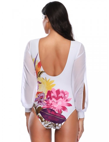 Sexy Slimming Swimwear Tropical Floral V Neck Long Sleeves Backless One Piece For Women