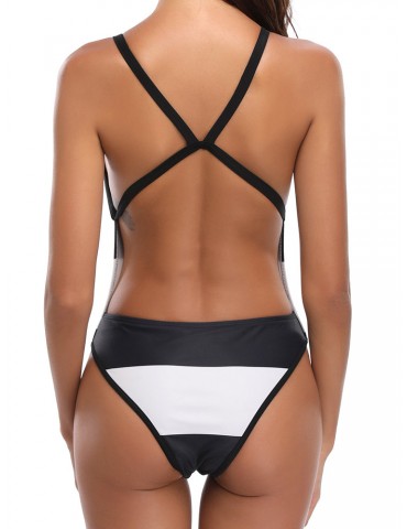 Sexy Striped Back Cross Straps Backless High Waist One Piece Swimwear
