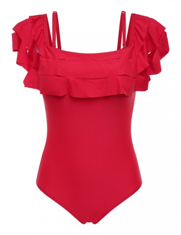 Women Flounce Adjustable Strap Figure Flattering Solid Color One Piece Red Swimsuits