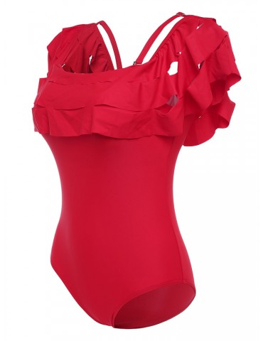 Women Flounce Adjustable Strap Figure Flattering Solid Color One Piece Red Swimsuits