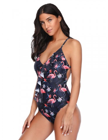 Flounce Print Sling Criss Cross Backless Sexy One Piece Swimwear For Women