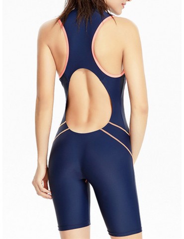 Front Zipper Turtleneck Hollow Back Conjoined Sports Swimsuit For Women