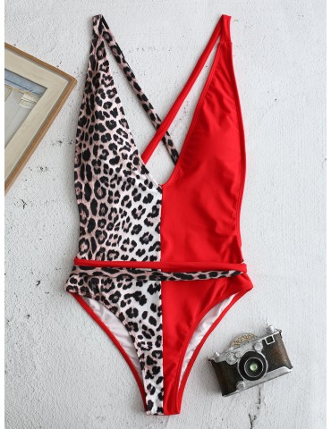 Leopard Print Slimming One Piece Patchwork Tie Belt Backless Sexy Women Swimwear