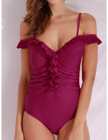 Women Sexy Off Shoulder One Piece Flounce Solid Color Swimwear