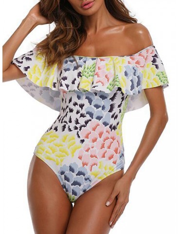 Floral Printed Lotus Leaf Word Shoulder One Piece Swimwear Swimsuit For Women