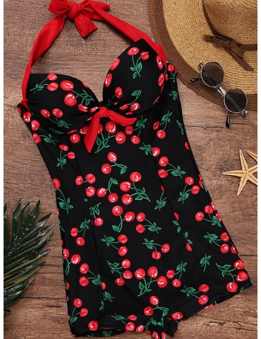 Bowknot Halter Cherry Printed Backless One-Pieces Swimwear
