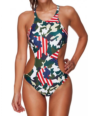 Plus size Sexy Hollow Backless Camouflage Monokini Swimwear For Women