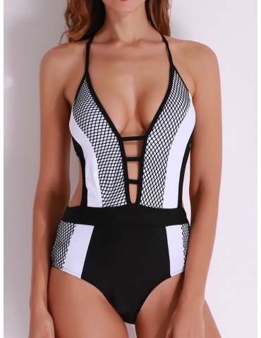 Sexy Patchwork Cut Out Halter Backless Monokini Hollow Bodysuit
