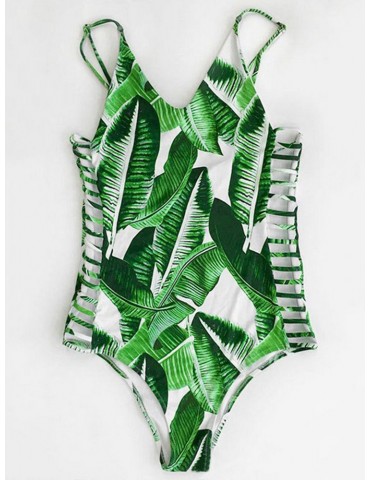 Sexy Leaf Printed Backless Hollow Bathing Swimsuits