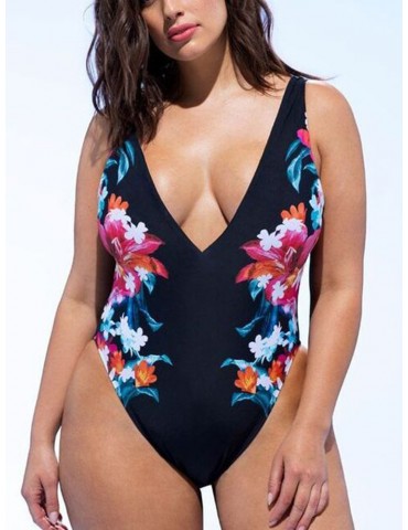 Plus Size Printed Deep V Sexy Backless Vest Monokini Swimsuits For Women