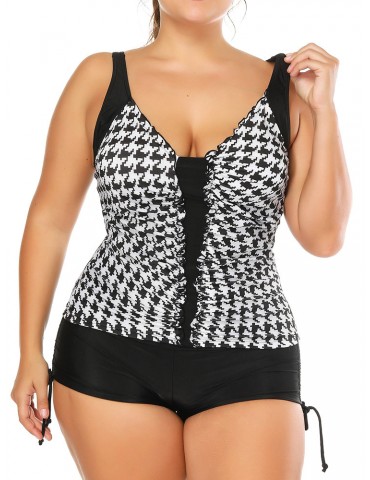 Plus Size Printed Patchwork Ruffled Vest Tankinis Swimsuits For Women