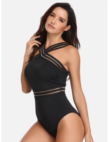 Plus Size Slimming One Piece High Criss Cross Neck Wide Straps Women Swimwear