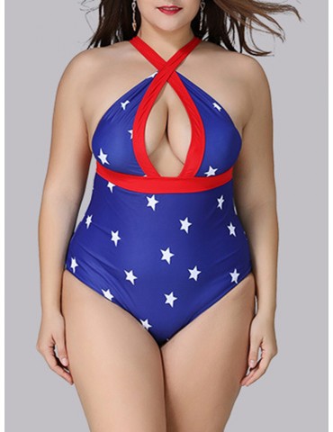 Plus Size Women Sexy Stars Printed Two-Ways Wearing Patchwork Backless Monokini Swimsuits