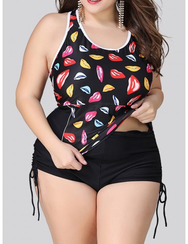 Plus Size Kiss Printed Hollow Out String Adjustable Vest Sports Tankinis Swimsuits For Women