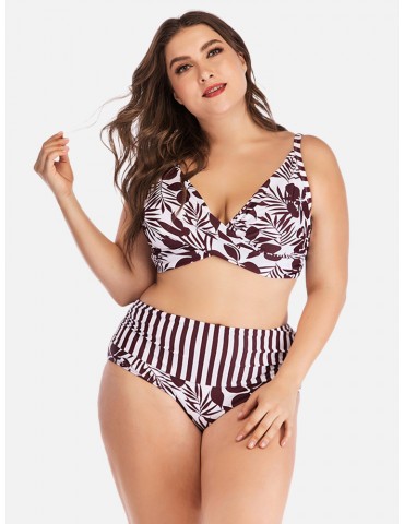 Plus Size Front Twisted Floral High Waist Printed Backless Sexy Bikinis Swimsuits For Women