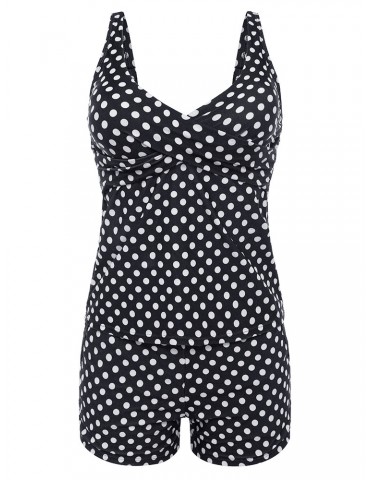 Plus Size Ruffled Polka Dot V Neck Button Comfort Tankinis Swimsuits For Women