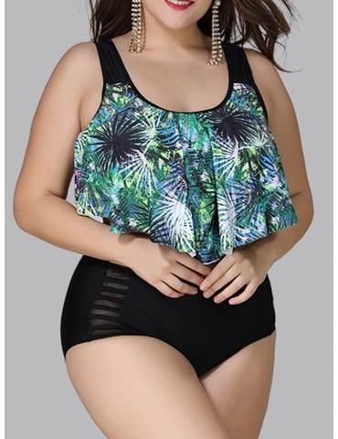 Plus Size Printed Flounce High Waist Mesh Patchwork Tankinis Swimsuits For Women