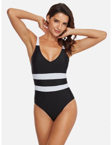 Plus Size Slimming Striped One Piece Patchwork Backless Women Swimwear By Newchic