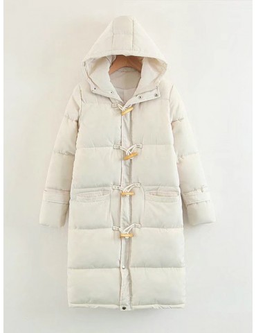 Solid Color Pocket Hooded Horn Button Winter Cotton Coats