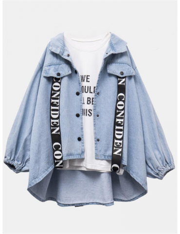 Letter Printed Loose Hooded Jeans Coat