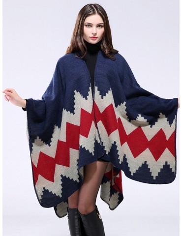 Ethnic Geometric Print Irregular Cloak Coats For Women