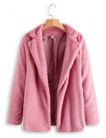 Faux Fur Stand Collar Solid Color Long Sleeve Casual Coat